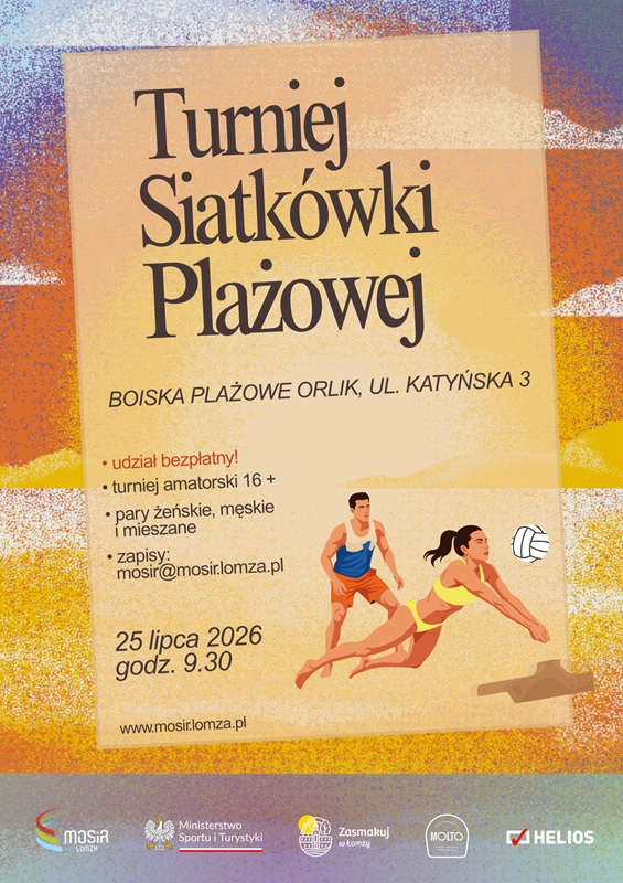 plakat zachęcający do udziału w Turnieju Siatkówki Plażowej, grafika kobieta i mężczyzna grający w siatkówkę na plaży